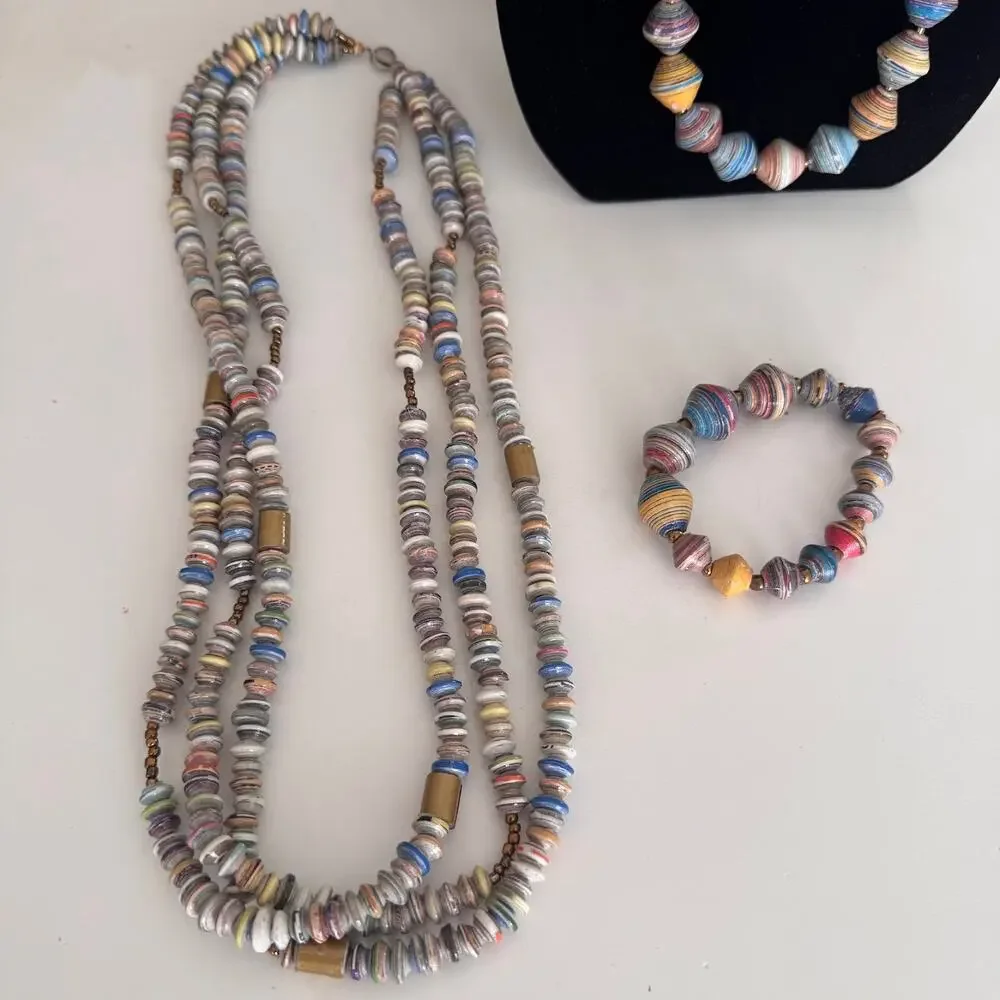 Handmade Rolled Paper Bead Necklaces Bracelet Boho Artisan Jewelry Lot Vintage - Picture 3 of 7